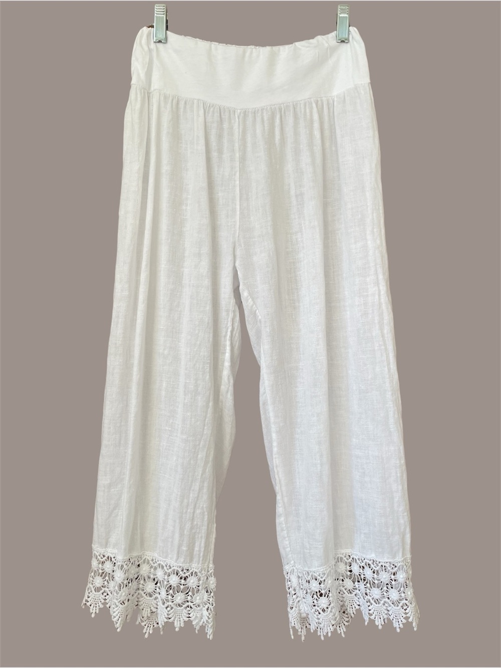 Viola Borghi Linen Cropped Wide Leg Pants White Made in Italy Lace Hem Boho